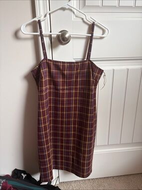 Popular Basics Burgundy Plaid Spaghetti Strap Mini Dress